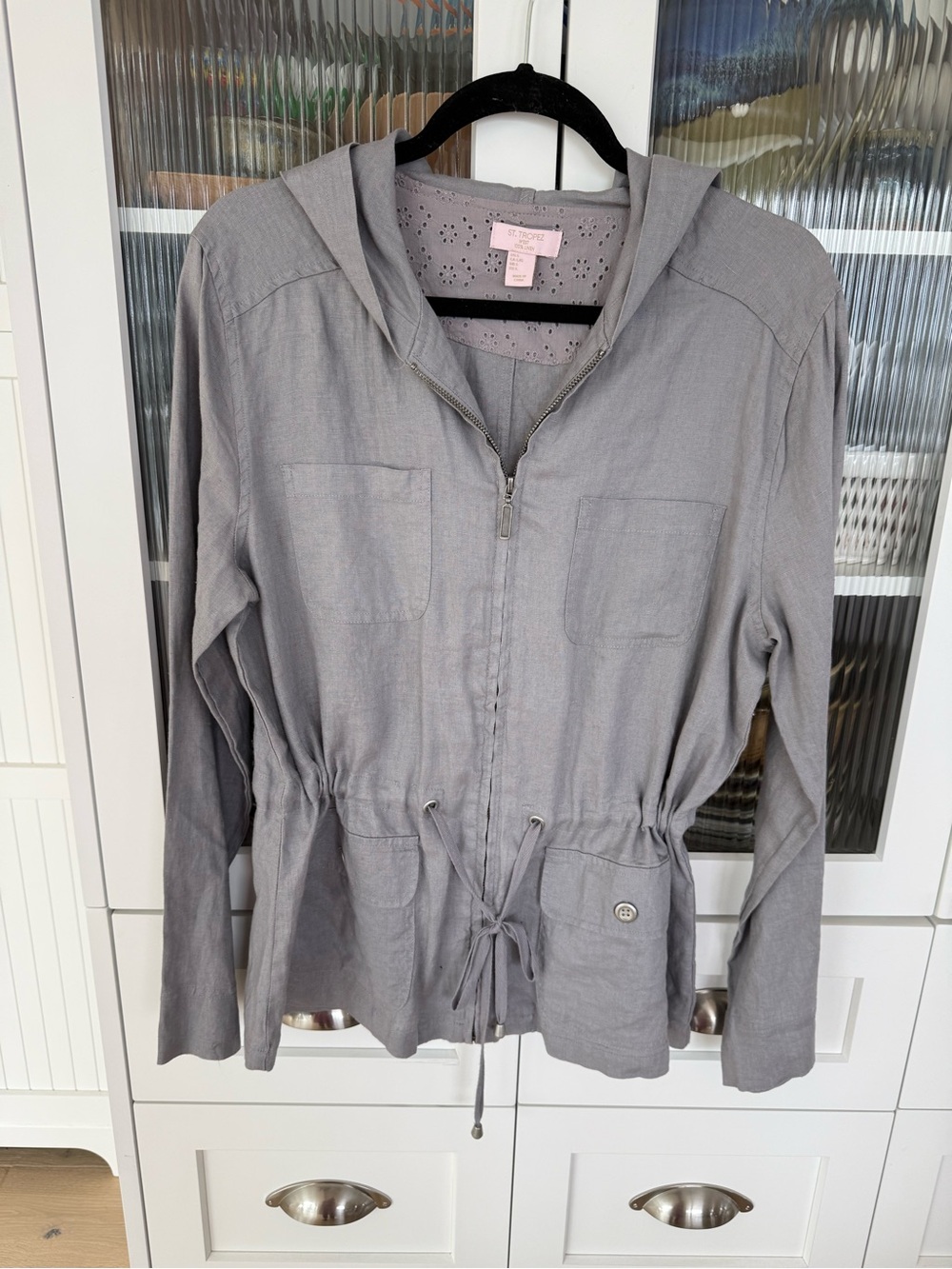 St. Tropez 100% linen Light Gray Hooded Drawstring Utility Jacket